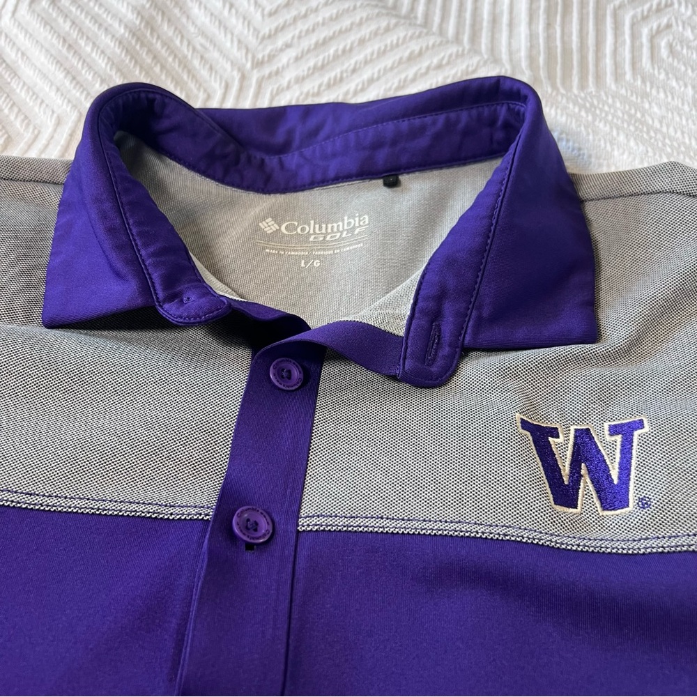 Columbia Golf Washington Huskies Polo Men’s Large Purple Grey‎ Omni-wick EUC